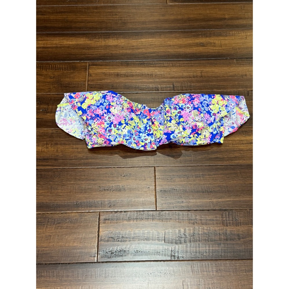 Victorias Secret Floral Ruffle Bandeau Bikini Top Blue Pink Gold Foil Medium